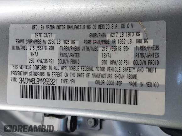 2021 Mazda CX-30 Select with VIN 3MVDMABL9MM256321, listed as a IAAI auction lot 41057613 with Not Provided miles and . Bid and sale history available at DreamBid. Image 9.
