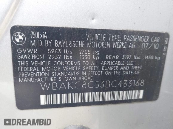 2011 BMW 7 Series 750Li xDrive with VIN WBAKC8C53BC433168, listed as a IAAI auction lot 42189726 with 177,368 mi miles and . Bid and sale history available at DreamBid. Image 9.