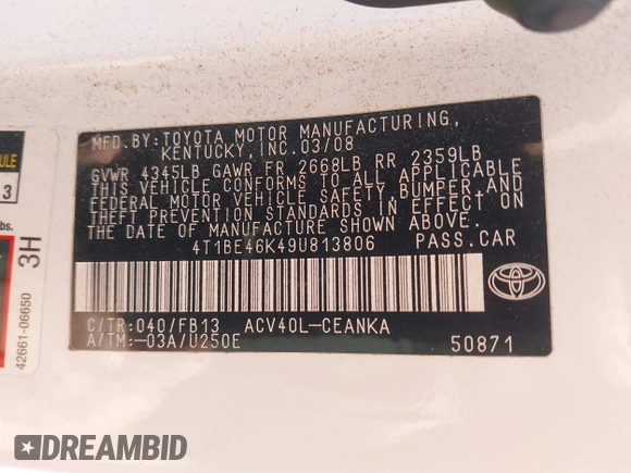2009 Toyota Camry with VIN 4T1BE46K49U813806, listed as a IAAI auction lot 42141396 with 165,619 mi miles. Bid and sale history available at carsss.com. Image 9.