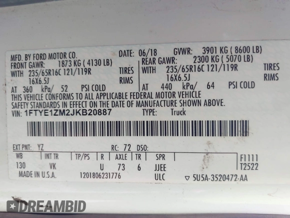 2018 Ford Transit с VIN 1FTYE1ZM2JKB20887, выставлен на аукционе IAAI как лот 42060582 с пробегом 257 476 миль миль и . История ставок и продаж доступна на DreamBid. Изображение 9.