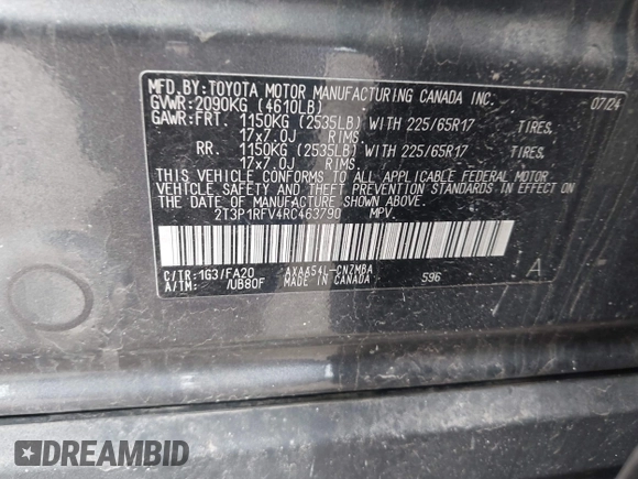 2024 Toyota RAV4 XLE with VIN 2T3P1RFV4RC463790, listed as a IAAI auction lot 42450962 with 22,918 mi miles and . Bid and sale history available at DreamBid. Image 9.