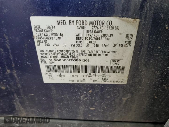 2015 Ford Explorer с VIN 1FM5K8B87FGB01209, выставлен на аукционе Copart как лот 50930365 с пробегом Не указан миль и Списание • Salvage title. История ставок и продаж доступна на DreamBid. Изображение 13.