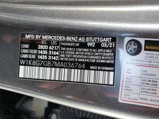 2021 Mercedes-Benz S-Class S 580 with VIN W1K6G7GB7MA036764, listed as a Copart auction lot 46240475 with 0 mi miles and Salvage Title. Bid and sale history available at carsss.com. Image 12.