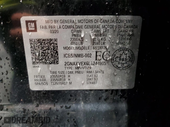 2020 Chevrolet Equinox LT z VIN 2GNAXVEX6L6244905, wystawiony jako Copart lot #58555855 z przebiegiem 72 731 mil mil oraz Czysty tytuł • Clean title. Historia ofert i sprzedaży dostępna na DreamBid. Obrazek 13.