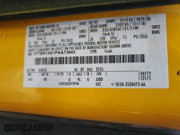 2023 Ford Transit Cargo z VIN 1FTBR1X81PKA73943, wystawiony jako Copart lot #60577215 z przebiegiem 74 975 mil mil oraz Szkoda całkowita • Salvage title. Historia ofert i sprzedaży dostępna na DreamBid. Obrazek 13.