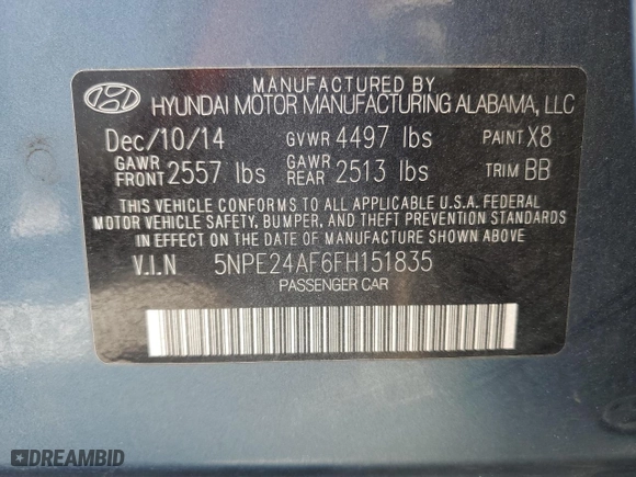 2015 Hyundai Sonata 2.4L SE with VIN 5NPE24AF6FH151835, listed as a Copart auction lot 49553785 with 204,209 mi miles and Salvage Title. Bid and sale history available at carsss.com. Image 12.