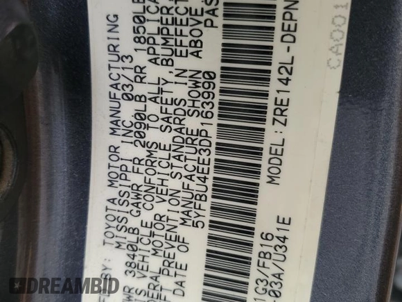 2013 Toyota Corolla L with VIN 5YFBU4EE3DP163990, listed as a Copart auction lot 51419295 with 111,295 mi miles and Salvage Title. Bid and sale history available at carsss.com. Image 13.