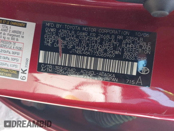 2007 Toyota Camry CE with VIN JTNBE46K173065969, listed as a IAAI auction lot 42036785 with 259,386 mi miles and . Bid and sale history available at DreamBid. Image 9.
