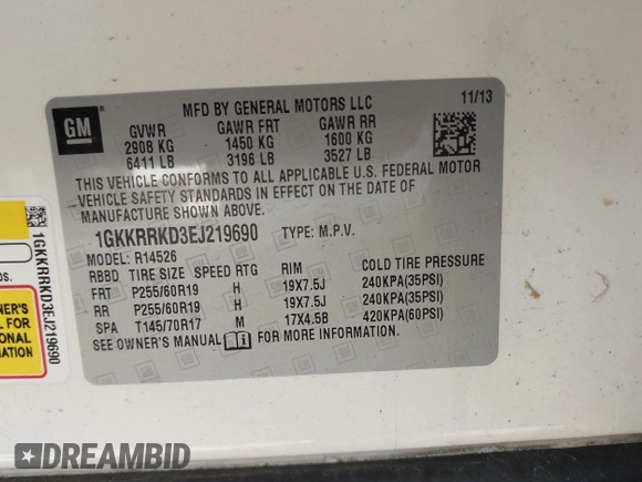 2014 GMC Acadia SLT z VIN 1GKKRRKD3EJ219690, wystawiony jako IAAI lot #42221261 z przebiegiem 103 675 mil mil oraz . Historia ofert i sprzedaży dostępna na DreamBid. Obrazek 9.