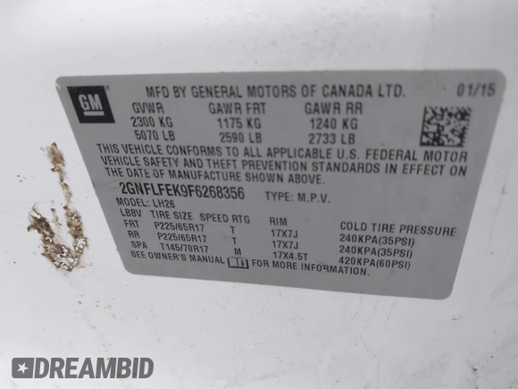2015 Chevrolet Equinox LT z VIN 2GNFLFEK9F6268356, wystawiony jako IAAI lot #41914170 z przebiegiem 111 305 mil mil oraz . Historia ofert i sprzedaży dostępna na DreamBid. Obrazek 9.
