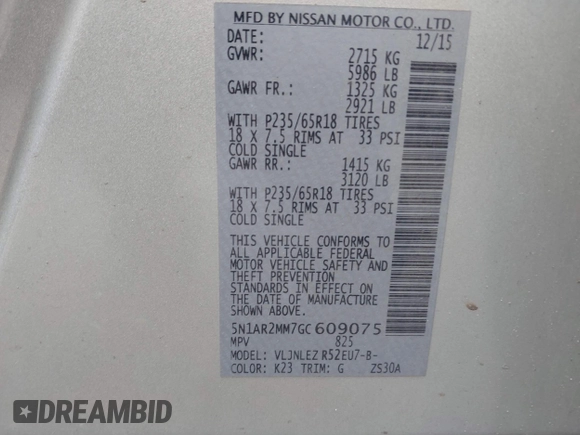 2016 Nissan Pathfinder S with VIN 5N1AR2MM7GC609075, listed as a IAAI auction lot 41936684 with 114,968 mi miles and . Bid and sale history available at DreamBid. Image 9.