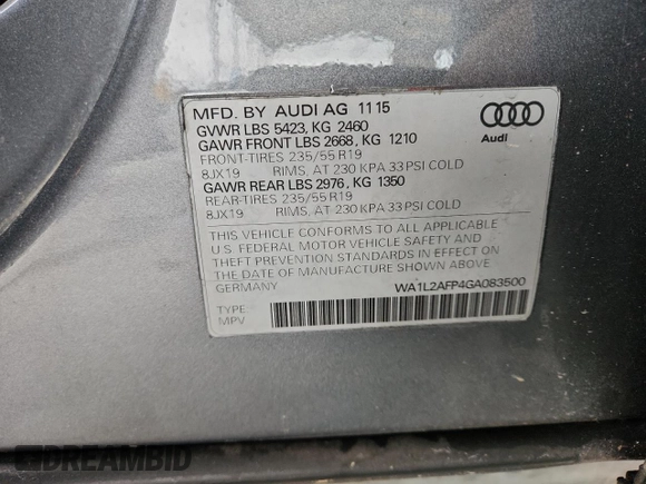 2016 Audi Q5 Premium Plus with VIN WA1L2AFP4GA083500, listed as a Copart auction lot 58299895 with 94,001 mi miles and Salvage title. Bid and sale history available at DreamBid. Image 13.