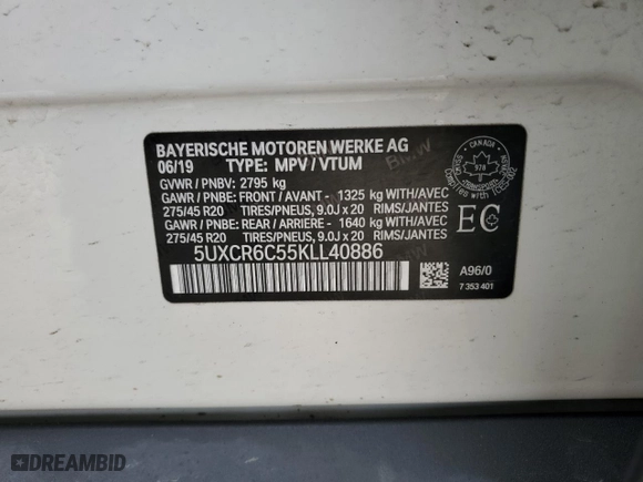 2019 BMW X5 xDrive40i with VIN 5UXCR6C55KLL40886, listed as a Copart auction lot 52337955 with 48,961 mi miles and Clean Title. Bid and sale history available at carsss.com. Image 13.