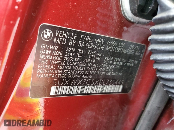 2011 BMW X3 35i with VIN 5UXWX7C5XBL735445, listed as a Copart auction lot 52239125 with 136,990 mi miles and Clean Title. Bid and sale history available at DreamBid. Image 13.