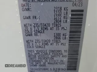 2023 Nissan Murano Platinum z VIN 5N1AZ2DJ8PC132890, wystawiony jako Copart lot #55325125 z przebiegiem 13 492 mil mil oraz Szkoda całkowita • Salvage title. Historia ofert i sprzedaży dostępna na DreamBid. Obrazek 13.