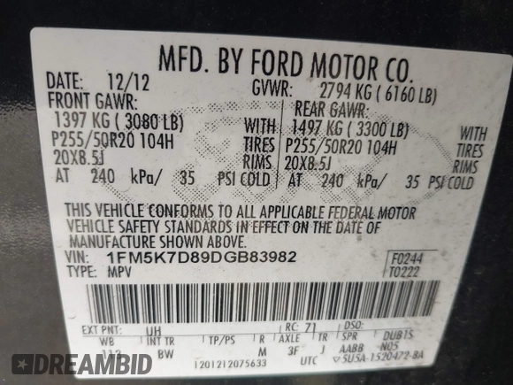 2013 Ford Explorer XLT with VIN 1FM5K7D89DGB83982, listed as a IAAI auction lot 42153595 with 127,068 mi miles and . Bid and sale history available at DreamBid. Image 9.