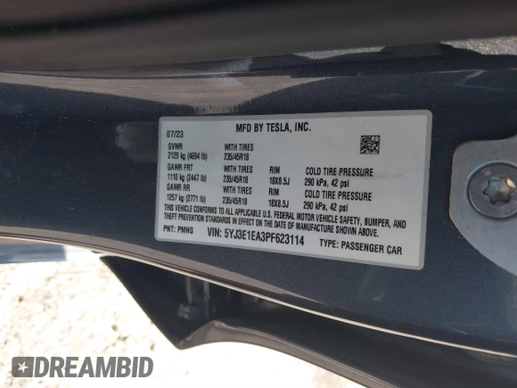 2023 Tesla Model 3 with VIN 5YJ3E1EA3PF623114, listed as a IAAI auction lot 41710385 with 31,663 mi miles and . Bid and sale history available at carsss.com. Image 9.