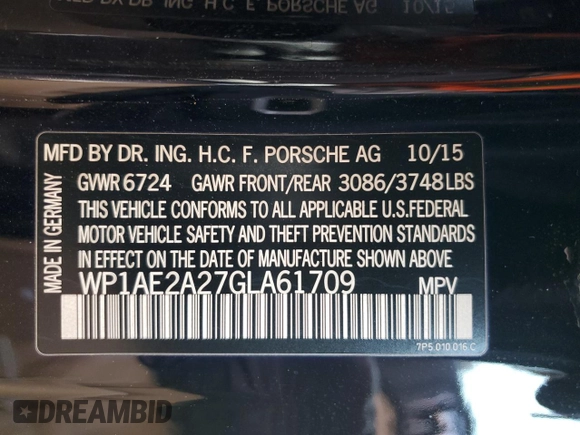 2016 Porsche Cayenne S E-Hybrid with VIN WP1AE2A27GLA61709, listed as a Copart auction lot 43280515 with Not provided miles and Salvage title. Bid and sale history available at DreamBid. Image 14.