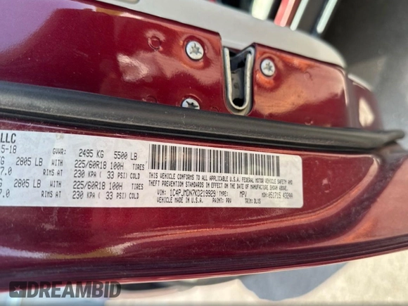 2019 Jeep Cherokee Limited with VIN 1C4PJMDN7KD219929, listed as a Copart auction lot 61697895 with 127,006 mi miles and Clean title. Bid and sale history available at DreamBid. Image 10.