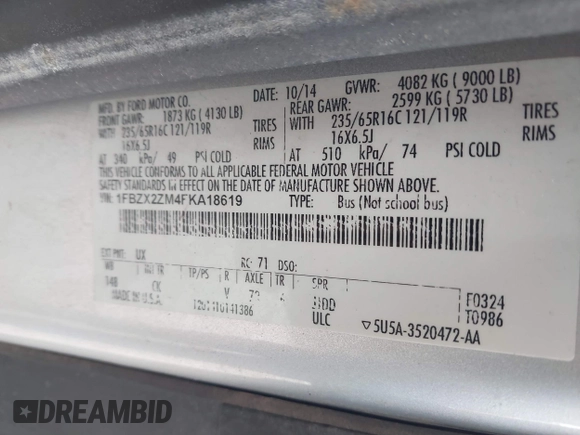 2015 Ford Transit XL with VIN 1FBZX2ZM4FKA18619, listed as a IAAI auction lot 41817891 with 196,588 mi miles and . Bid and sale history available at DreamBid. Image 9.