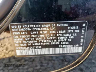 2013 Volkswagen Passat SE z VIN 1VWBH7A36DC072258, wystawiony jako Copart lot #58791285 z przebiegiem 114 018 mil mil oraz Szkoda całkowita • Salvage title. Historia ofert i sprzedaży dostępna na DreamBid. Obrazek 12.
