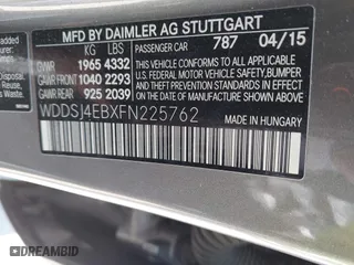 2015 Mercedes-Benz CLA-Class CLA 250 with VIN WDDSJ4EBXFN225762, listed as a IAAI auction lot 41869946 with 90,619 mi miles. Bid and sale history available at carsss.com. Image 9.
