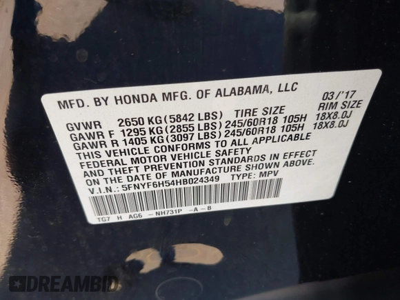 2017 Honda Pilot EX-L with VIN 5FNYF6H54HB024349, listed as a IAAI auction lot 42082517 with 108,000 mi miles and . Bid and sale history available at DreamBid. Image 9.
