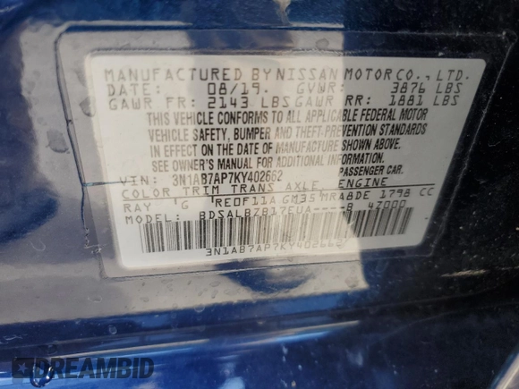2019 Nissan Sentra S with VIN 3N1AB7AP7KY402662, listed as a Copart auction lot 49437254 with 51,746 mi miles and Clean Title. Bid and sale history available at carsss.com. Image 12.