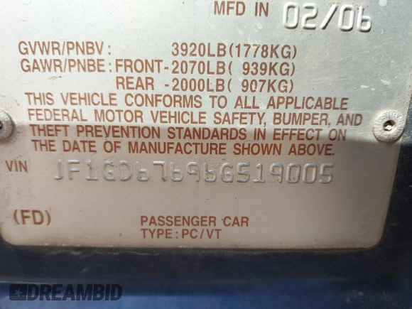 2006 Subaru Impreza i z VIN JF1GD67696G519005, wystawiony jako IAAI lot #42120501 z przebiegiem 145 521 mil mil oraz . Historia ofert i sprzedaży dostępna na DreamBid. Obrazek 9.