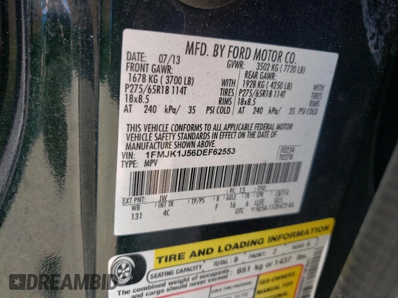 2013 Ford Expedition EL XLT with VIN 1FMJK1J56DEF62553, listed as a Copart auction lot 83307584 with 222,219 mi miles and Salvage Title. Bid and sale history available at carsss.com. Image 14.
