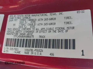 2022 Toyota Tundra SR5 with VIN 5TFLA5AB6NX006875, listed as a IAAI auction lot 40562206 with Not provided miles and . Bid and sale history available at DreamBid. Image 9.