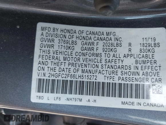 2020 Honda Civic Sedan LX with VIN 2HGFC2F66LH515272, listed as a IAAI auction lot 41946912 with 87,176 mi miles. Bid and sale history available at carsss.com. Image 9.