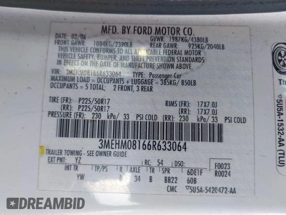 2006 Mercury Milan Premier with VIN 3MEHM08166R633064, listed as a IAAI auction lot 41648193 with 142,589 mi miles and . Bid and sale history available at DreamBid. Image 9.