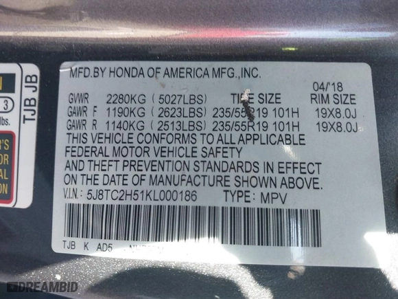 2019 Acura RDX w/Technology Pkg with VIN 5J8TC2H51KL000186, listed as a IAAI auction lot 41403335 with 140,920 mi miles. Bid and sale history available at carsss.com. Image 9.