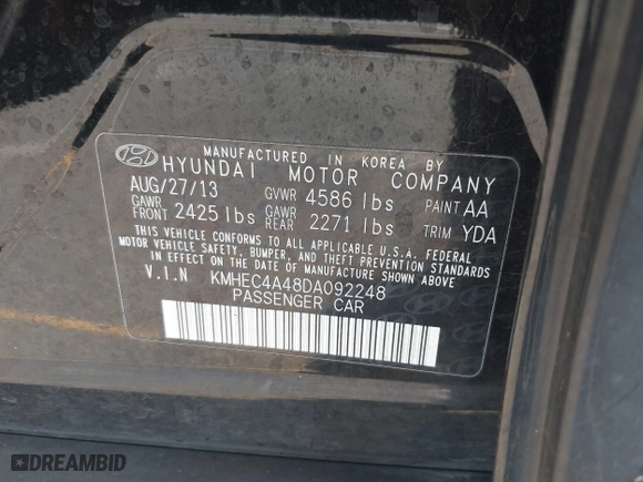 2013 Hyundai Sonata Hybrid with VIN KMHEC4A48DA092248, listed as a IAAI auction lot 41240199 with 150,322 mi miles. Bid and sale history available at carsss.com. Image 9.