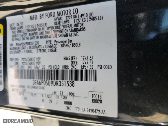 2013 Ford Fusion Energi Titanium with VIN 3FA6P0SU9DR351538, listed as a Copart auction lot 88977985 with 416,986 mi miles and Clean Title. Bid and sale history available at carsss.com. Image 12.
