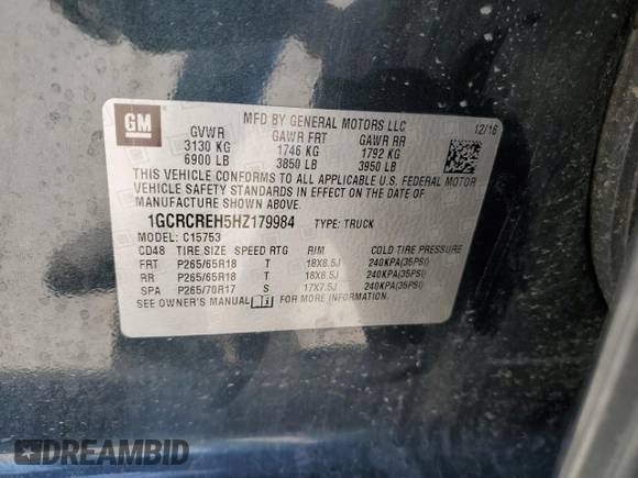 2017 Chevrolet Silverado 1500 LT with VIN 1GCRCREH5HZ179984, listed as a Copart auction lot 53005025 with 141,083 mi miles and Salvage Title. Bid and sale history available at DreamBid. Image 13.
