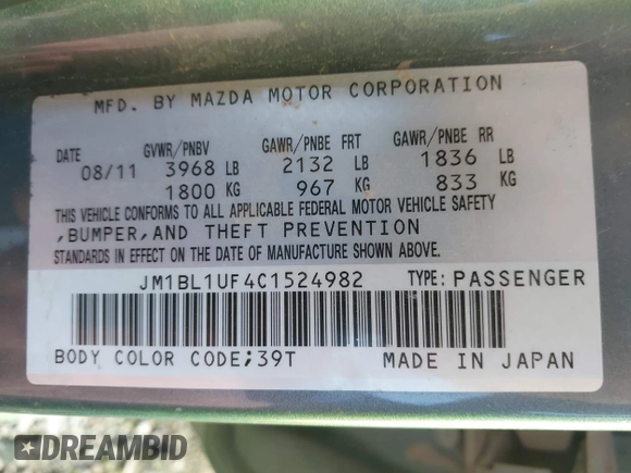 2012 Mazda 3 i Sport with VIN JM1BL1UF4C1524982, listed as a IAAI auction lot 41725238 with 143,787 mi miles and . Bid and sale history available at DreamBid. Image 9.