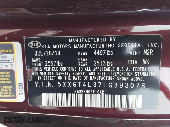 2020 Kia Optima LX with VIN 5XXGT4L37LG393078, listed as a IAAI auction lot 41444622 with 51,335 mi miles and . Bid and sale history available at DreamBid. Image 9.