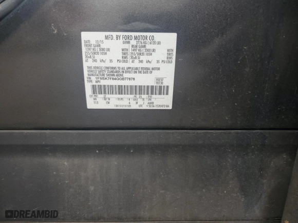 2016 Ford Explorer Limited with VIN 1FM5K7F84GGB77878, listed as a Copart auction lot 49347575 with 0 mi miles and Salvage Title. Bid and sale history available at carsss.com. Image 14.
