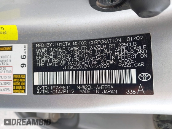 2009 Toyota Prius with VIN JTDKB20U293524909, listed as a IAAI auction lot 41881600 with 186,281 mi miles and . Bid and sale history available at DreamBid. Image 9.
