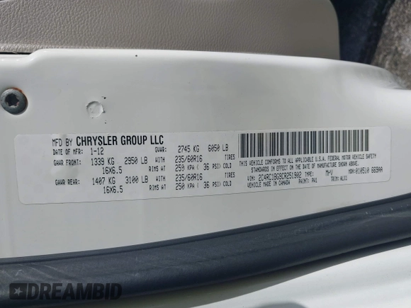 2012 Chrysler Town & Country Touring with VIN 2C4RC1BG9CR251902, listed as a IAAI auction lot 42165738 with 147,218 mi miles. Bid and sale history available at carsss.com. Image 9.
