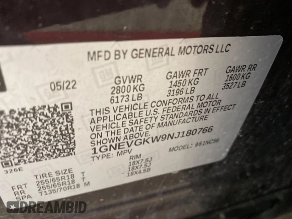 2022 Chevrolet Traverse LT Cloth with VIN 1GNEVGKW9NJ180766, listed as a IAAI auction lot 42168989 with 112,161 mi miles. Bid and sale history available at carsss.com. Image 1.