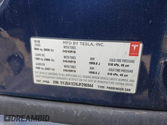 2018 Tesla Model S 75D with VIN 5YJSA1E28JF296944, listed as a IAAI auction lot 41298541 with 29,828 mi miles and . Bid and sale history available at DreamBid. Image 9.