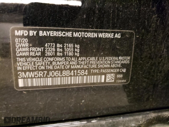 2020 BMW 3 Series 330i xDrive with VIN 3MW5R7J06L8B41584, listed as a Copart auction lot 45793672 with 10,866 mi miles and . Bid and sale history available at DreamBid. Image 10.
