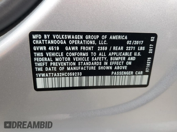 2017 Volkswagen Passat S with VIN 1VWAT7A32HC059233, listed as a Copart auction lot 58448495 with 65,534 mi miles and Salvage title. Bid and sale history available at DreamBid. Image 13.