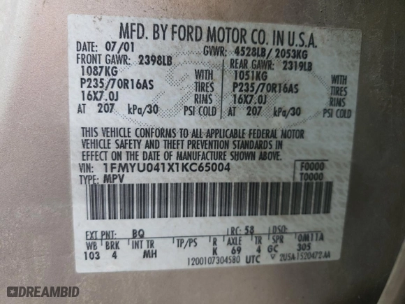 2001 Ford Escape XLT with VIN 1FMYU041X1KC65004, listed as a Copart auction lot 51302325 with 150,917 mi miles and Salvage Title. Bid and sale history available at carsss.com. Image 14.
