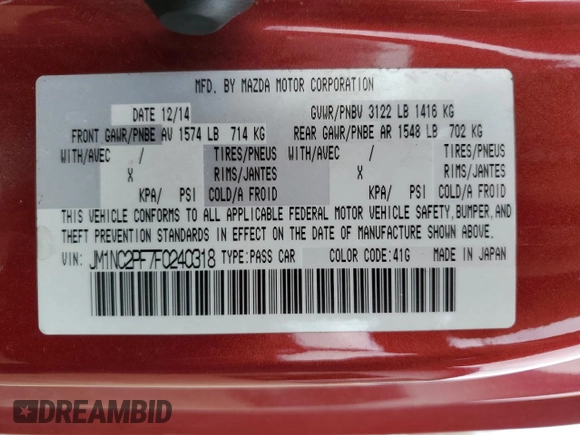 2015 Mazda MX-5 Miata Grand Touring z VIN JM1NC2PF7F0240318, wystawiony jako Copart lot #48690675 z przebiegiem 72 356 mil mil oraz Tytuł czysty. Historia ofert i sprzedaży dostępna na DreamBid. Obrazek 12.