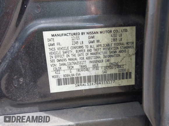 2006 Nissan Altima 2.5 S with VIN 1N4AL11E76N355177, listed as a IAAI auction lot 41933446 with 145,336 mi miles. Bid and sale history available at carsss.com. Image 9.