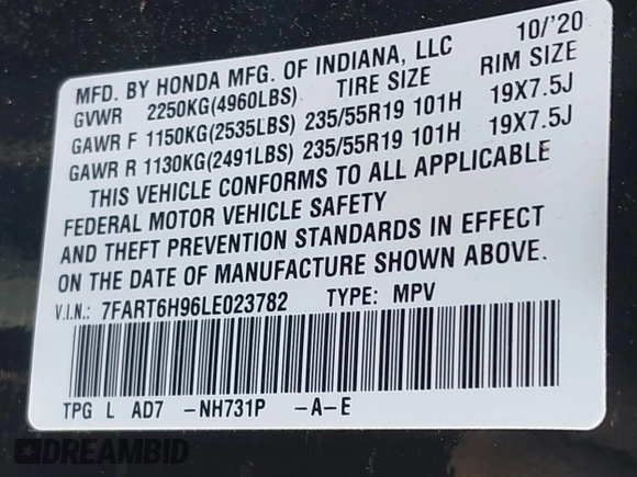 2020 Honda CR-V Touring with VIN 7FART6H96LE023782, listed as a IAAI auction lot 42053948 with 56,814 mi miles and . Bid and sale history available at DreamBid. Image 9.